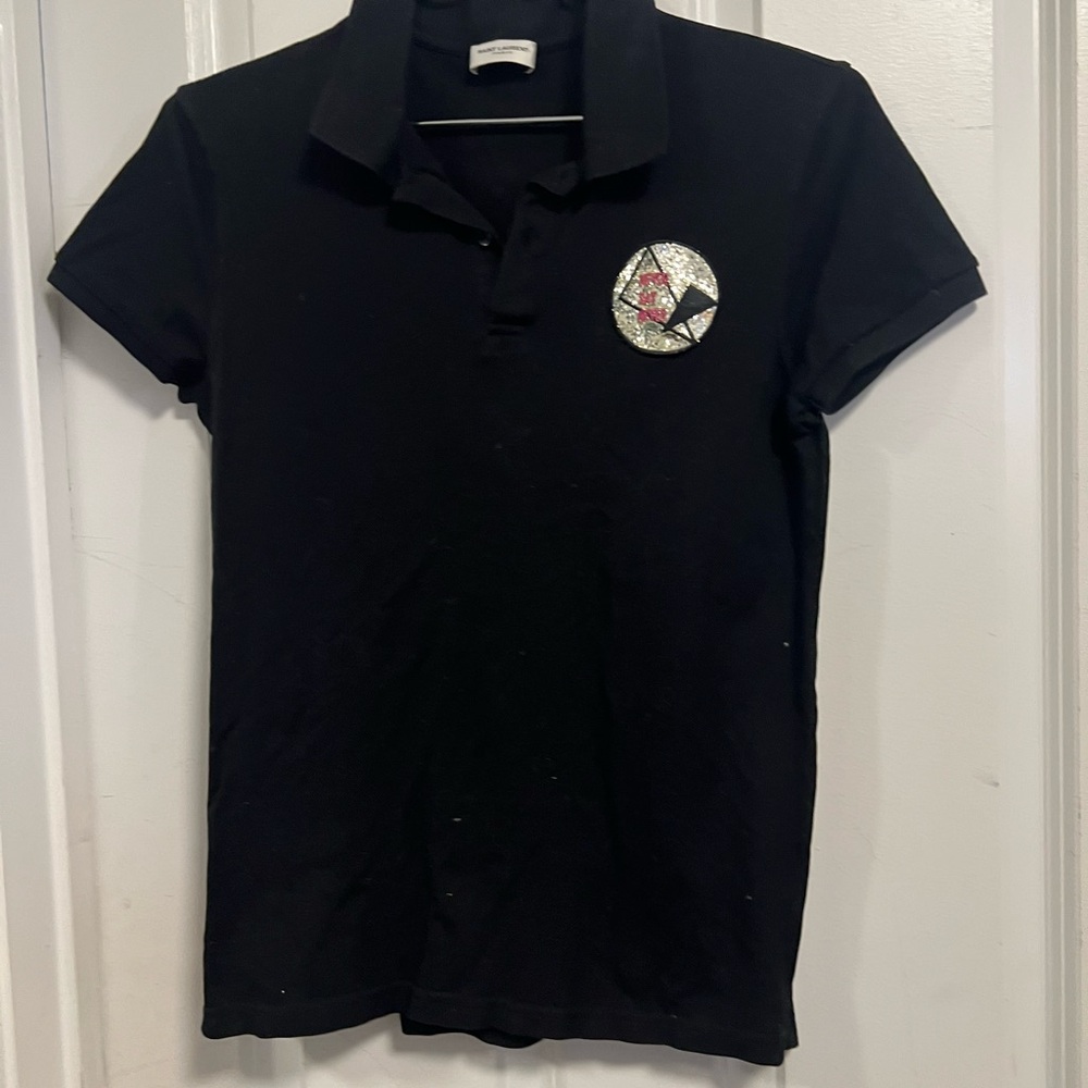 Black Polo Shirt with Silver and Red Patch
